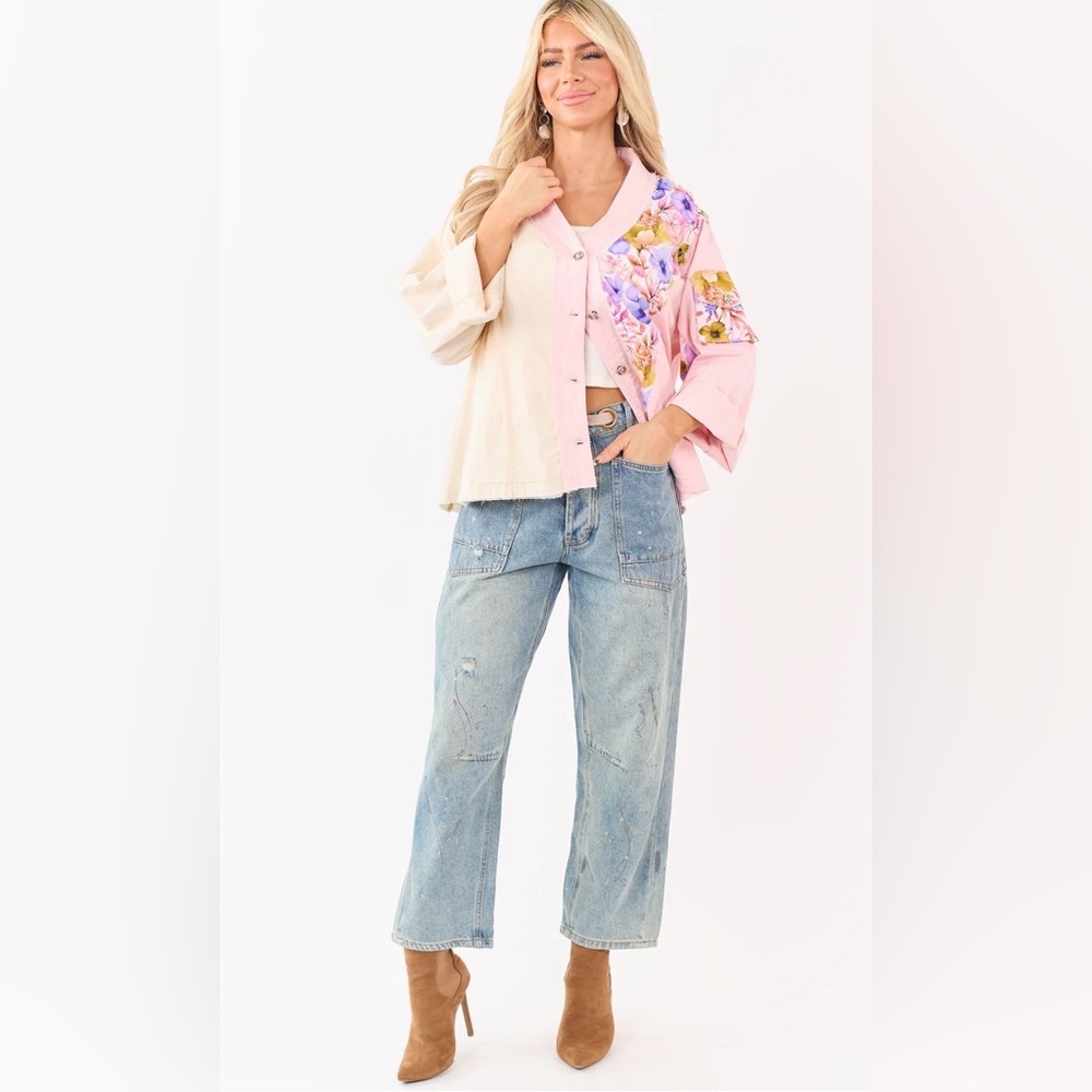 H210 POL L pp28 Patchwork Floral Button Jacket in Pink & Cream Top - Picture 4 of 15
